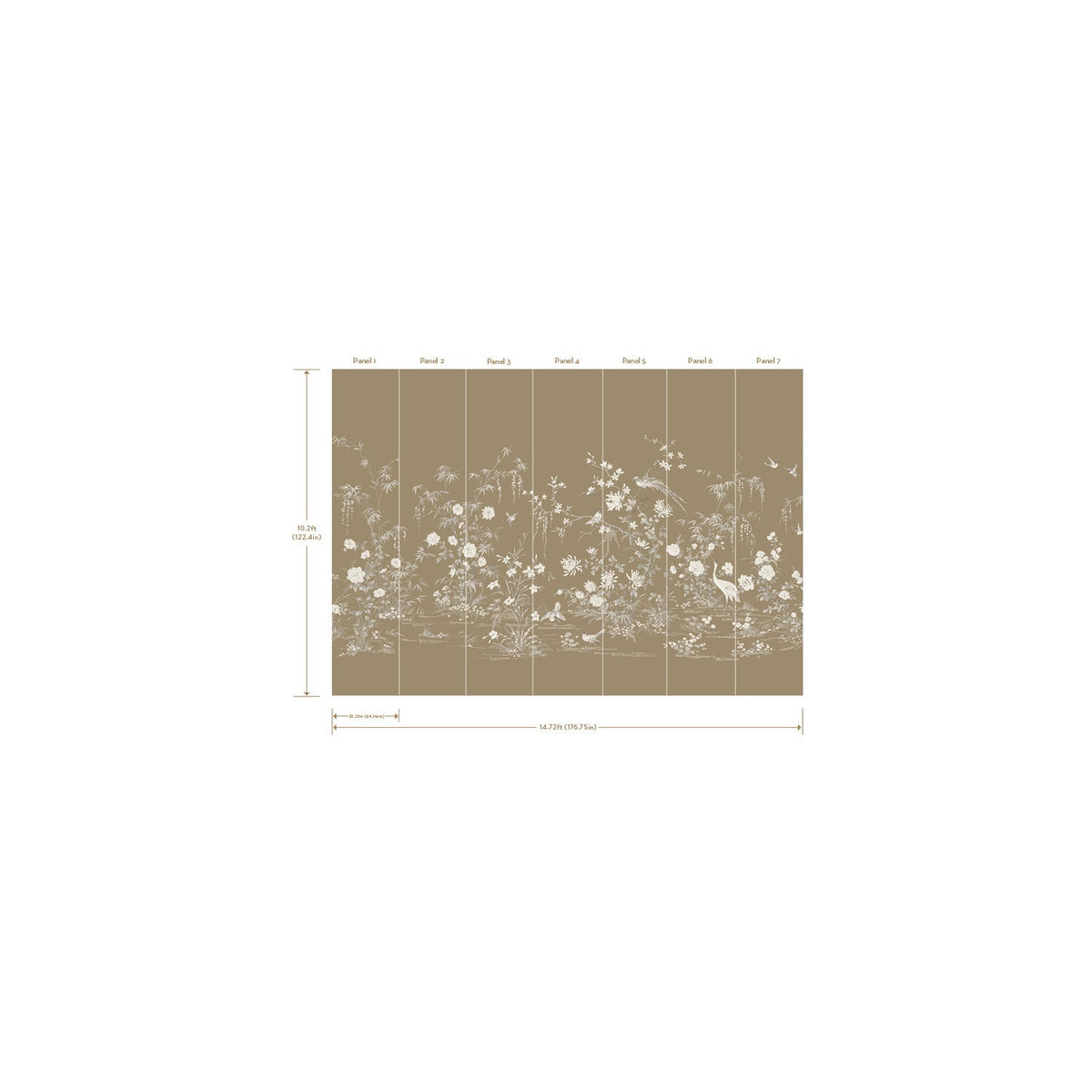 The Ronald Redding Flowering Vine Chino Wall Mural by York Wallcoverings is a digital illustration featuring eight labeled panels of white floral and botanical line art on a taupe background, with dimensions marked along the left (height) and bottom (width) edges.