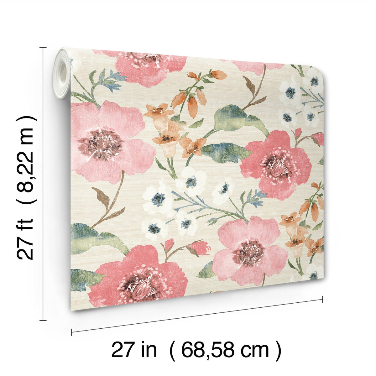 The Evelyn Floral Wallpaper by York Wallcoverings features a floral pattern in pink, orange, and green and comes in a roll measuring 27 feet by 27 inches (8.22 m by 68.58 cm).