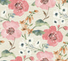 Introducing Evelyn Floral Wallpaper by York Wallcoverings, featuring a watercolor-style floral pattern with large pink flowers, complemented by smaller white and orange blossoms and lush green leaves on a beige textured background. The flowers and foliage are beautifully arranged in a seamless, repeating design.