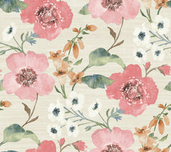 Introducing Evelyn Floral Wallpaper by York Wallcoverings, featuring a watercolor-style floral pattern with large pink flowers, complemented by smaller white and orange blossoms and lush green leaves on a beige textured background. The flowers and foliage are beautifully arranged in a seamless, repeating design.