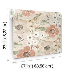 Evelyn Floral Wallpaper by York Wallcoverings features large peach, white, and beige flowers on a light background. Each roll measures 27 feet (8.22 m) long by 27 inches (68.58 cm) wide.