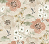 The Evelyn Floral Wallpaper by York Wallcoverings features a seamless vintage-inspired design with large peach, beige, and white flowers accented by green and yellow leaves on a softly textured light background.