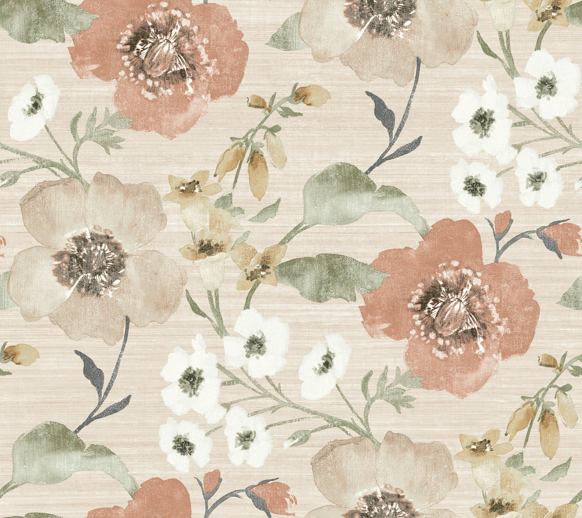 The Evelyn Floral Wallpaper by York Wallcoverings features a seamless vintage-inspired design with large peach, beige, and white flowers accented by green and yellow leaves on a softly textured light background.