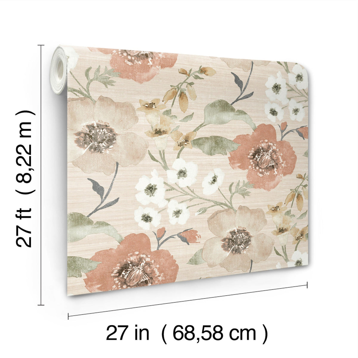 The Evelyn Floral Wallpaper by York Wallcoverings features large pink, cream, and beige flowers in a striking floral design. Each roll measures 27 feet long and 27 inches (68.58 cm) wide.