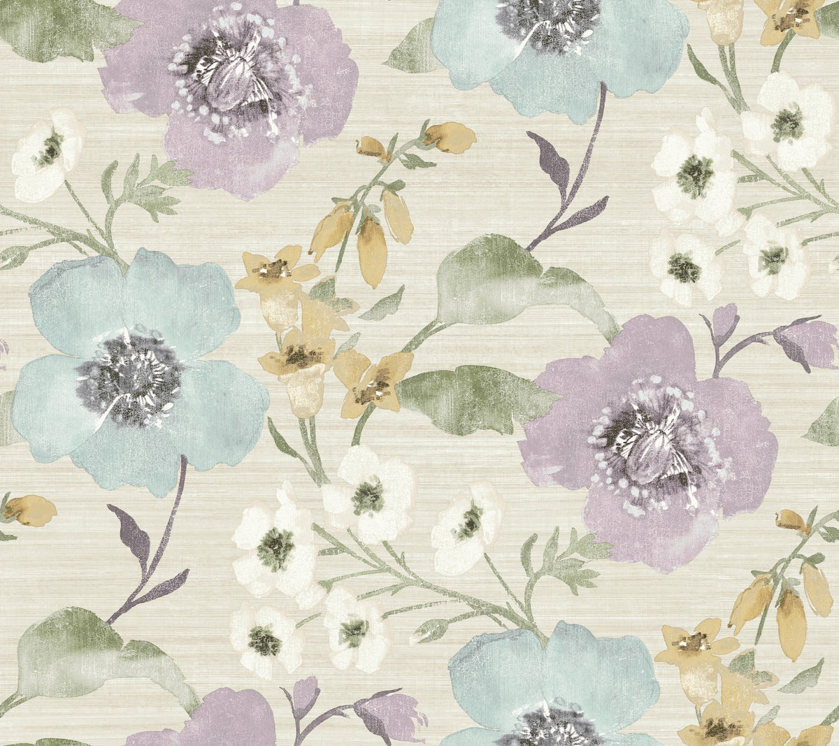 Evelyn Floral Wallpaper by York Wallcoverings showcases a vibrant floral pattern with large blue, purple, and white flowers accompanied by green and yellow stems and leaves, all set against a light beige textured background.