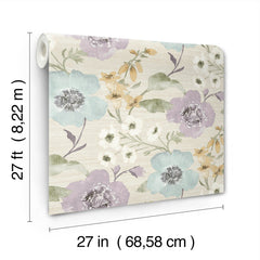 The Evelyn Floral Wallpaper by York Wallcoverings features a floral pattern in pastel blue, purple, and yellow. Each roll measures 27 feet (8.22 m) in length and 27 inches (68.58 cm) in width.
