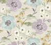 Evelyn Floral Wallpaper by York Wallcoverings features a seamless design of large pastel blue, lavender, and white flowers with yellow accents and green leaves set against a light beige textured background.