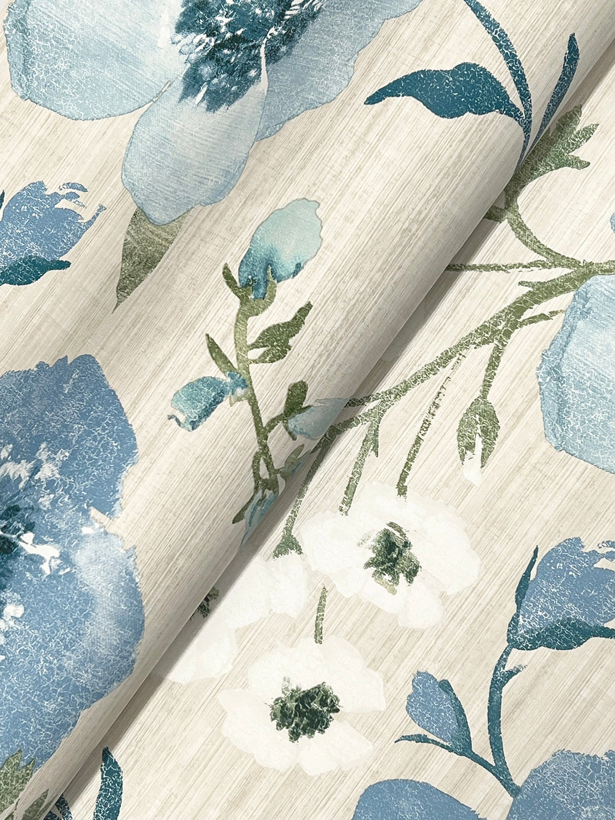 A close-up of the Evelyn Floral Wallpaper by York Wallcoverings, showcasing a textured beige background adorned with large blue flowers, small white blossoms, and green stems.