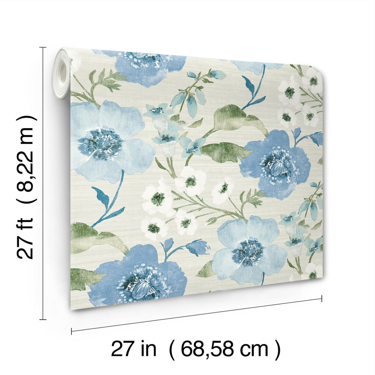 A roll of Evelyn Floral Wallpaper by York Wallcoverings, featuring blue and green flowers, measures 27 feet (8.22 m) long and 27 inches (68.58 cm) wide.