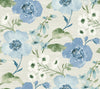 Evelyn Floral Wallpaper by York Wallcoverings features a seamless pattern of large blue and small white watercolor flowers with green leaves on a light beige textured background, creating a soft, vintage, and botanical look.