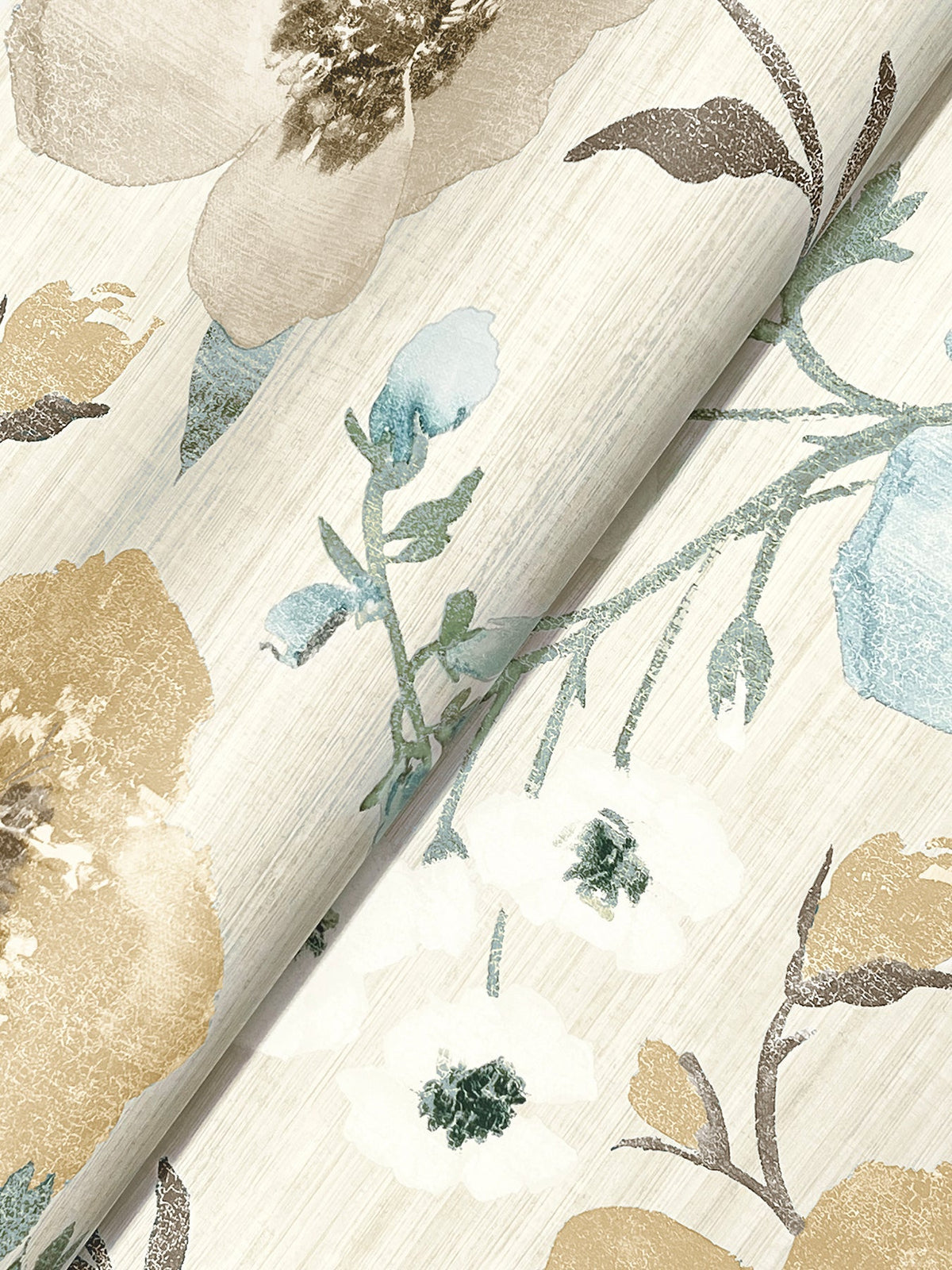 A close-up of York Wallcoverings’ Evelyn Floral Wallpaper, featuring a floral pattern with beige, blue, and white flowers and green stems on a light textured background. The wallpaper is shown slightly rolled.