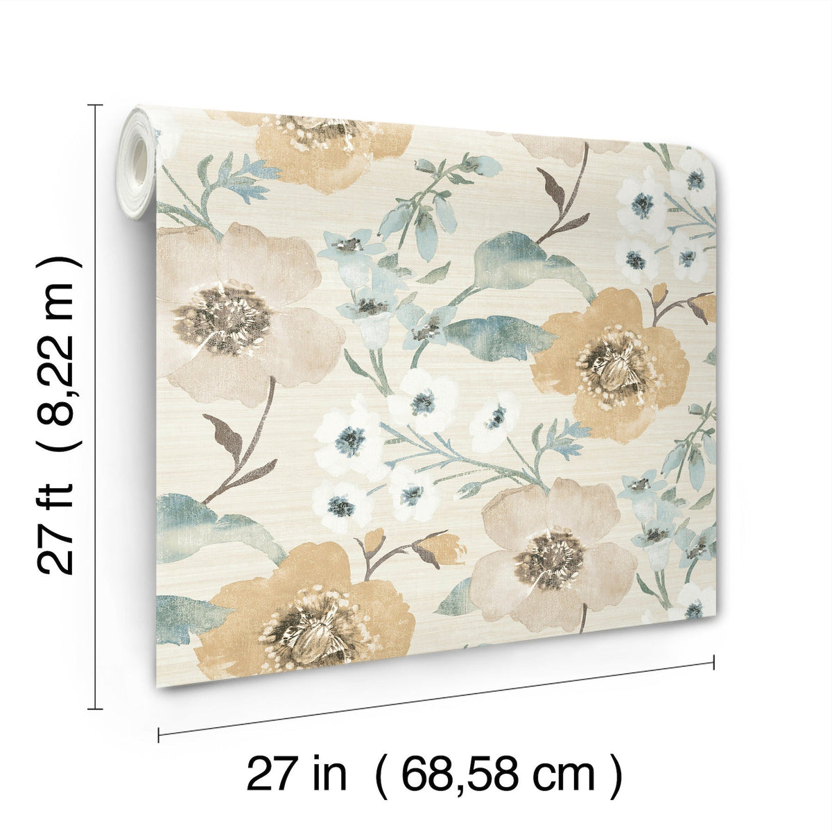Evelyn Floral Wallpaper by York Wallcoverings features large yellow and beige flowers with green leaves on a white background. Each roll measures 27 feet (8.22 m) long and 27 inches (68.58 cm) wide.
