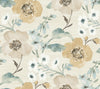 Introducing the Evelyn Floral Wallpaper by York Wallcoverings, showcasing a floral pattern with prominent yellow-beige blooms, delicate small white flowers, and green and blue-toned leaves on a textured light beige background.
