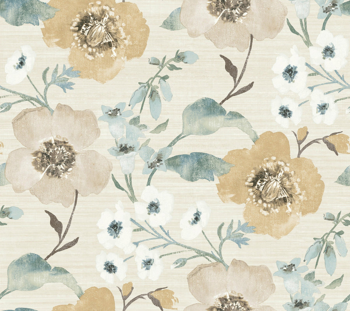 Introducing the Evelyn Floral Wallpaper by York Wallcoverings, showcasing a floral pattern with prominent yellow-beige blooms, delicate small white flowers, and green and blue-toned leaves on a textured light beige background.