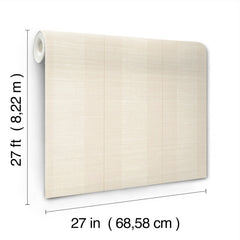 A partially unrolled roll of Colbert Stripe Textured Wallpaper in beige reveals its subtle vertical stripes. Text highlights its dimensions: 27 feet (8.22 meters) in length and 27 inches (68.58 centimeters) in width.