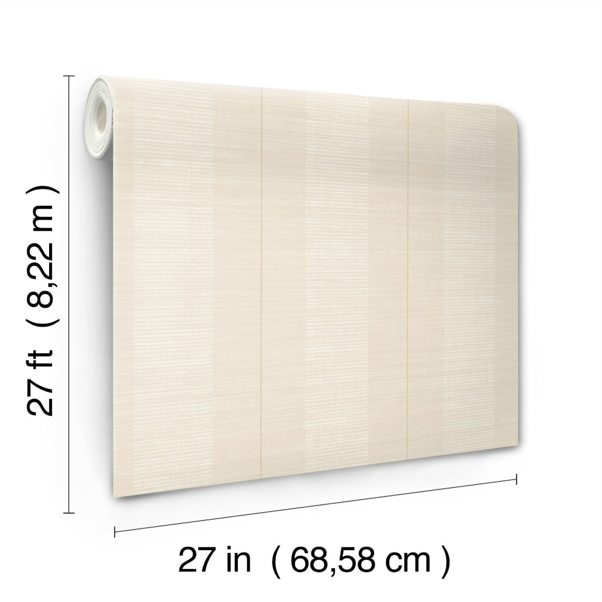 The Colbert Stripe Textured Wallpaper is displayed partially unrolled, with its dimensions labeled as 27 feet (8.22 m) in length and 27 inches (68.58 cm) in width.