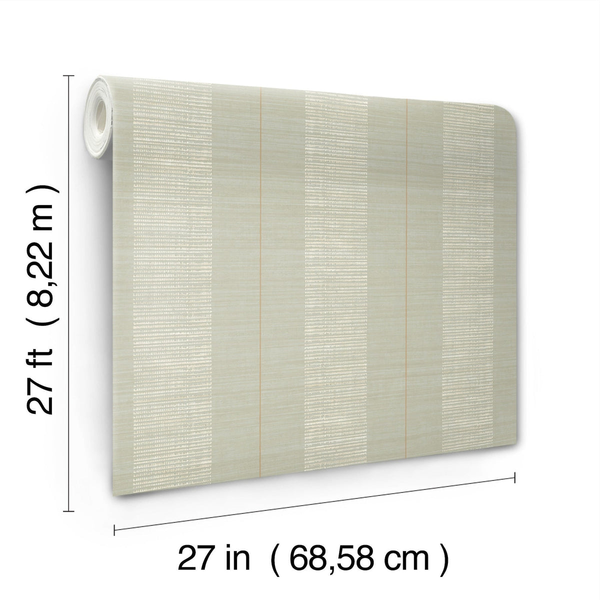 The Colbert Stripe Textured Wallpaper is displayed upright, featuring beige and white vertical stripes. Text notes its dimensions as 27 feet (8.22 meters) in height and 27 inches (68.58 cm) in width.