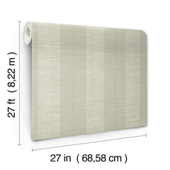 The Colbert Stripe Textured Wallpaper is displayed upright, featuring beige and white vertical stripes. Text notes its dimensions as 27 feet (8.22 meters) in height and 27 inches (68.58 cm) in width.