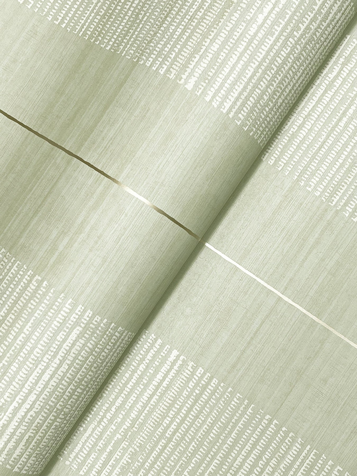 A close-up of the Colbert Stripe Textured Wallpaper in light green, featuring horizontal metallic gold and white textured stripes and a visible folded seam.