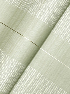 A close-up of the Colbert Stripe Textured Wallpaper in light green, featuring horizontal metallic gold and white textured stripes and a visible folded seam.