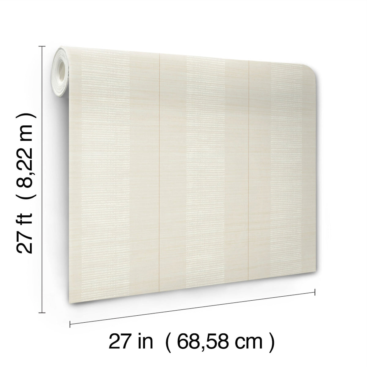 The Colbert Stripe Textured Wallpaper is shown unrolled against a white background, featuring a beige color with subtle vertical stripes. The dimensions are labeled: 27 ft (8.22 m) in height and 27 in (68.58 cm) in width.