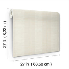 The Colbert Stripe Textured Wallpaper is shown in beige, featuring vertical textured stripes, with labeled dimensions of 27 feet (8.22 m) in length and 27 inches (68.58 cm) in width.