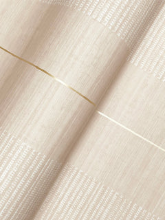 Close-up of the Colbert Stripe Textured Wallpaper in beige and white, featuring horizontal gold and white metallic stripes that create a modern, textured look.