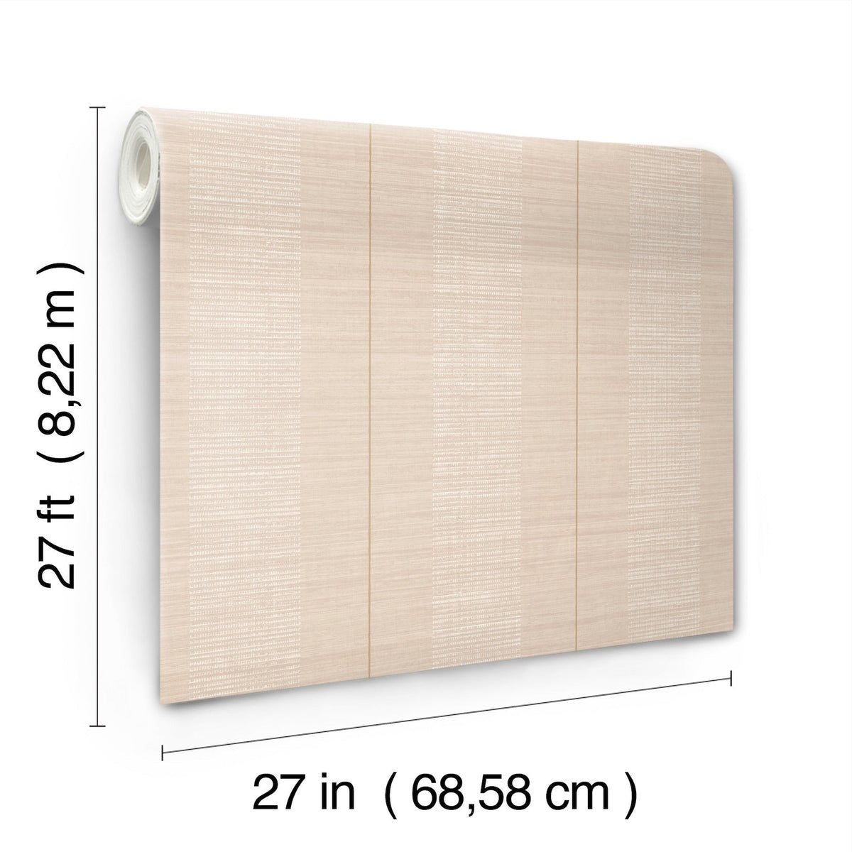 The Colbert Stripe Textured Wallpaper is a beige wallpaper roll with subtle horizontal lines, displayed vertically. The measurements shown are 27 feet (8.22 meters) long and 27 inches (68.58 cm) wide.