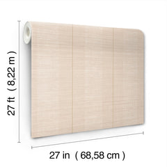 The Colbert Stripe Textured Wallpaper is a beige wallpaper roll with subtle horizontal lines, displayed vertically. The measurements shown are 27 feet (8.22 meters) long and 27 inches (68.58 cm) wide.