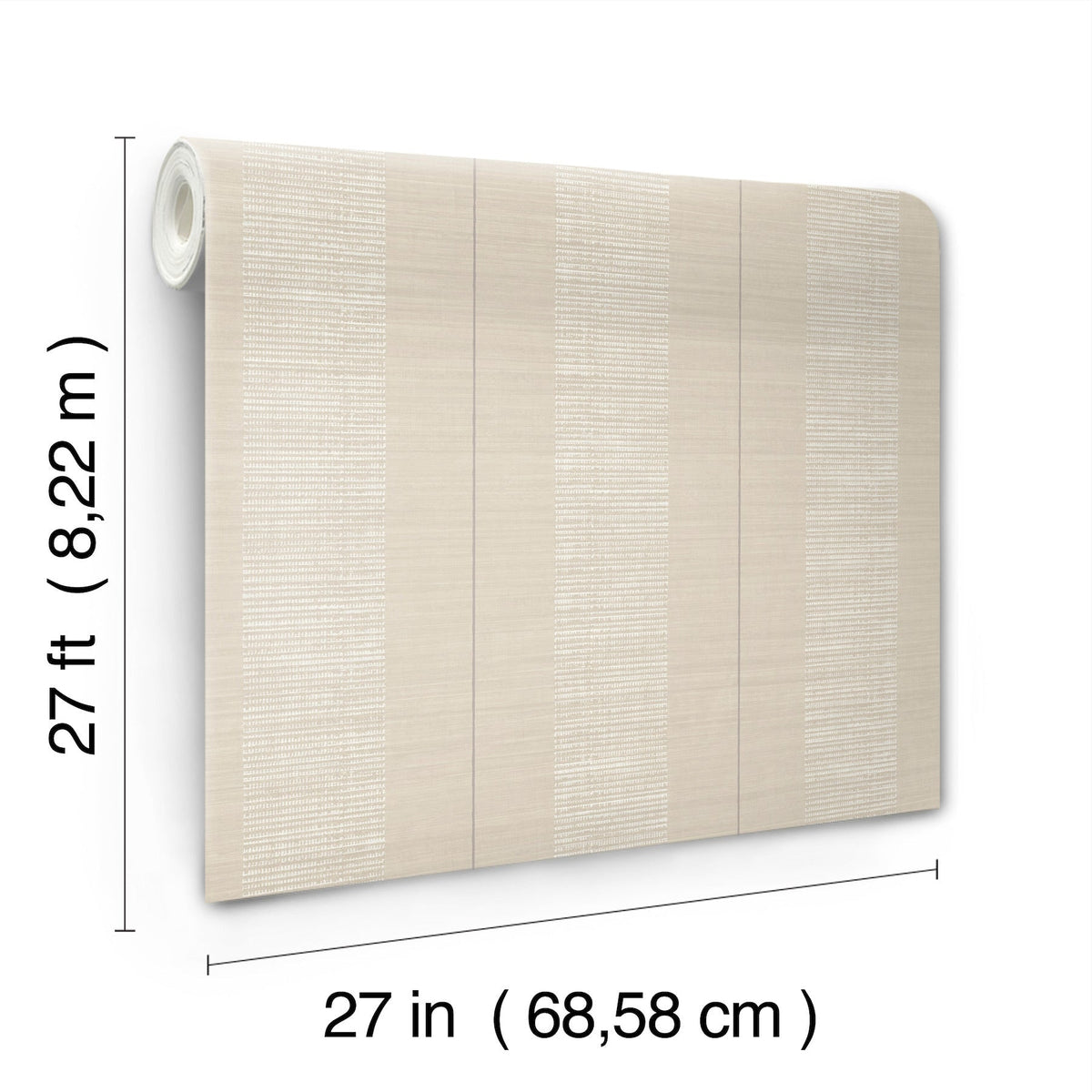 The Colbert Stripe Textured Wallpaper, featuring subtle vertical stripes in beige, comes in a roll measuring 27 inches (68.58 cm) wide and 27 feet (8.22 m) long, shown partially unrolled against a white background.