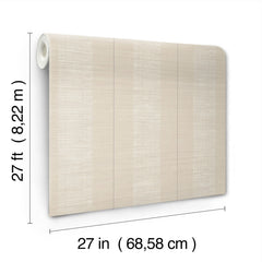 The Colbert Stripe Textured Wallpaper, featuring subtle vertical stripes in beige, comes in a roll measuring 27 inches (68.58 cm) wide and 27 feet (8.22 m) long, shown partially unrolled against a white background.