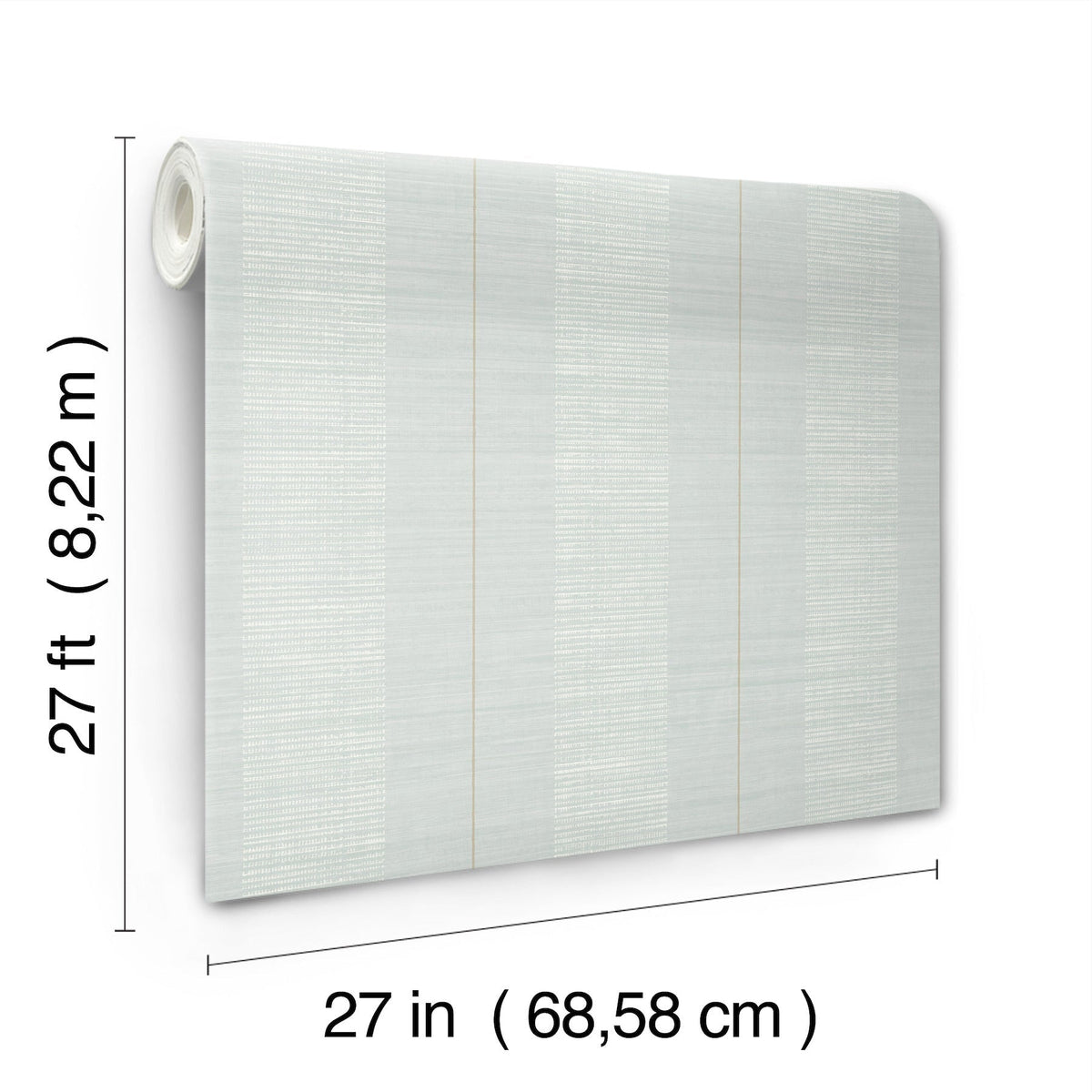 The Colbert Stripe Textured Wallpaper is shown with its dimensions labeled—27 feet (8.22 m) long and 27 inches (68.58 cm) wide—against a white background.