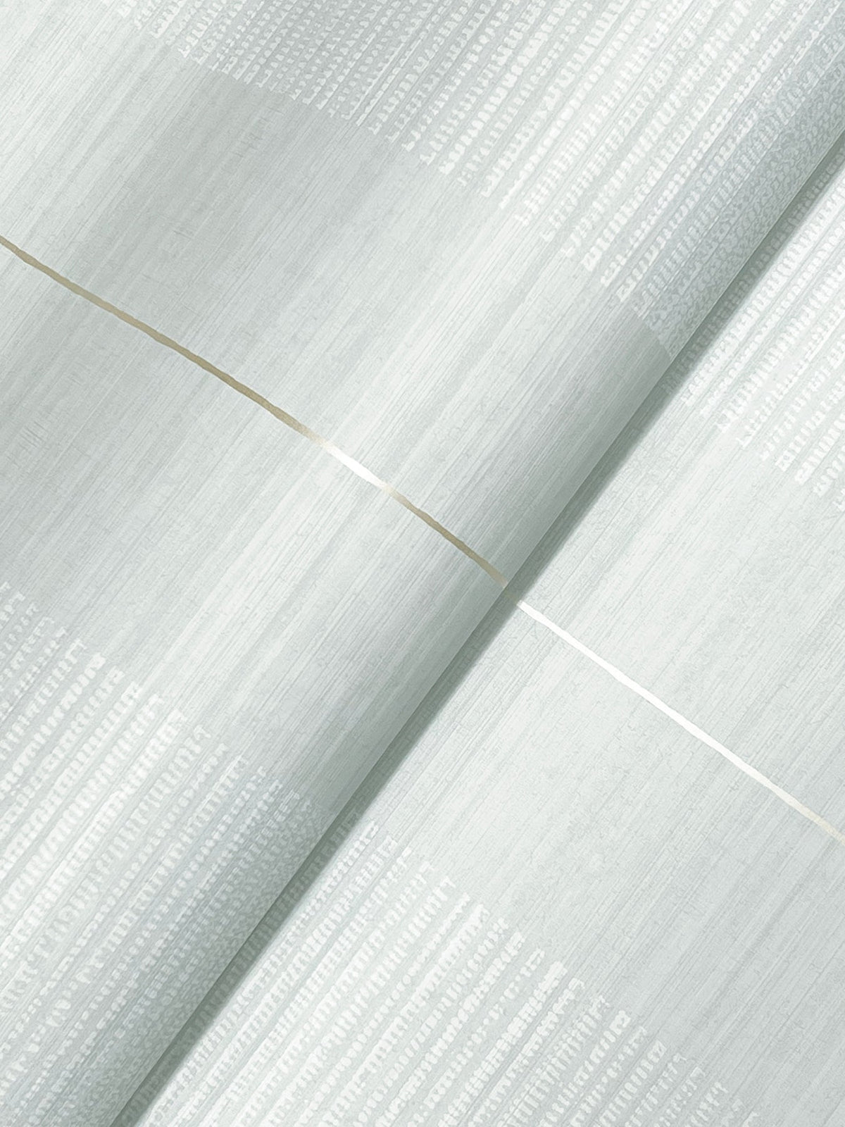A close-up of the Colbert Stripe Textured Wallpaper, featuring a light gray background with thin metallic silver and gold diagonal lines crossing over each other.