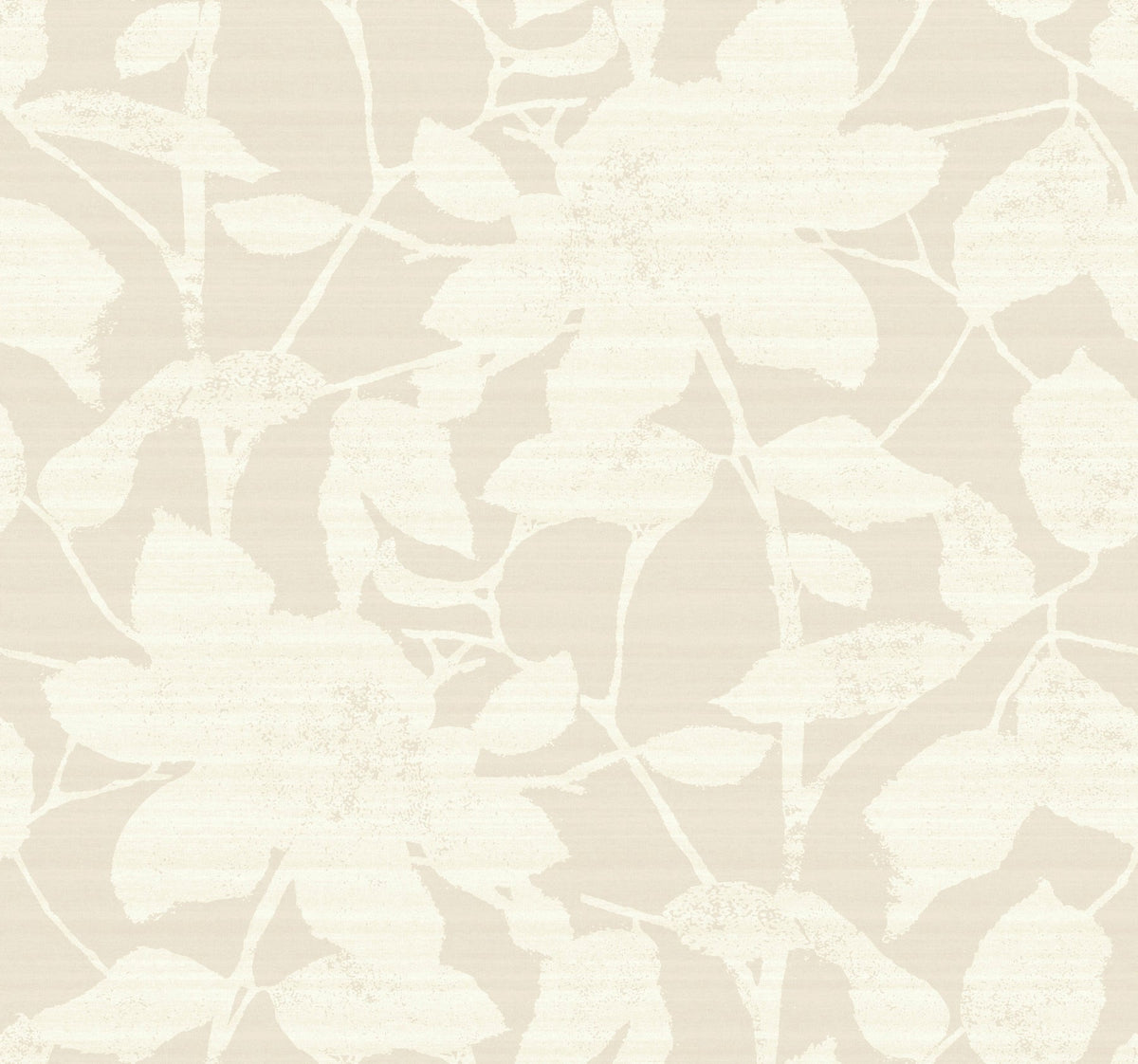 The Solange Botanical Wallpaper by York Wallcoverings features a beige background adorned with a subtle, textured floral and leaf pattern in off-white, showcasing large overlapping leaves and flowers on a smooth surface.