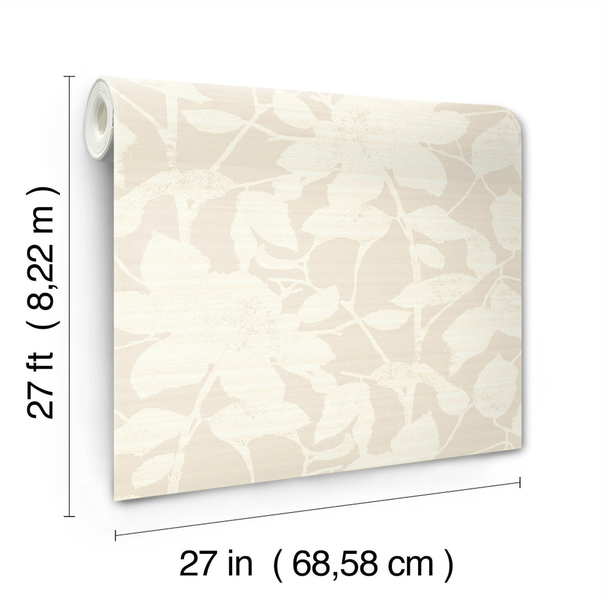 A roll of Solange Botanical Wallpaper by York Wallcoverings, featuring a beige floral pattern, is shown. Text indicates its dimensions: 27 feet (8.22 m) long and 27 inches (68.58 cm) wide.