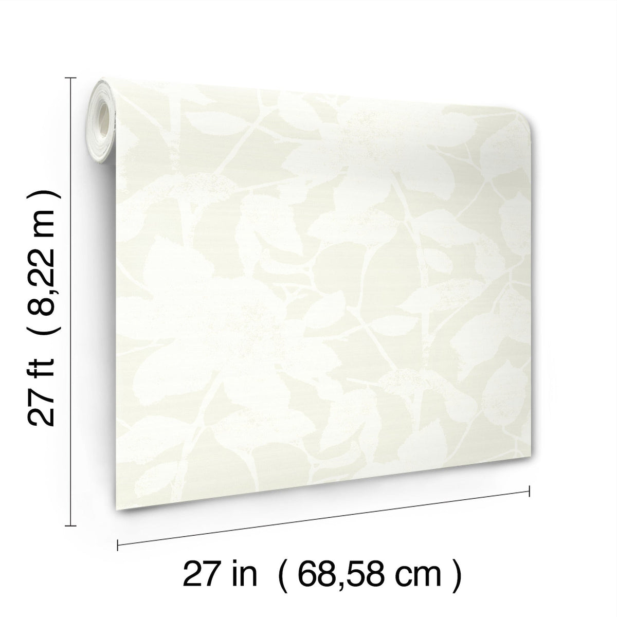 The Solange Botanical Wallpaper by York Wallcoverings is shown, featuring a subtle floral pattern. Each roll measures 27 feet (8.22 meters) in length and 27 inches (68.58 cm) in width.
