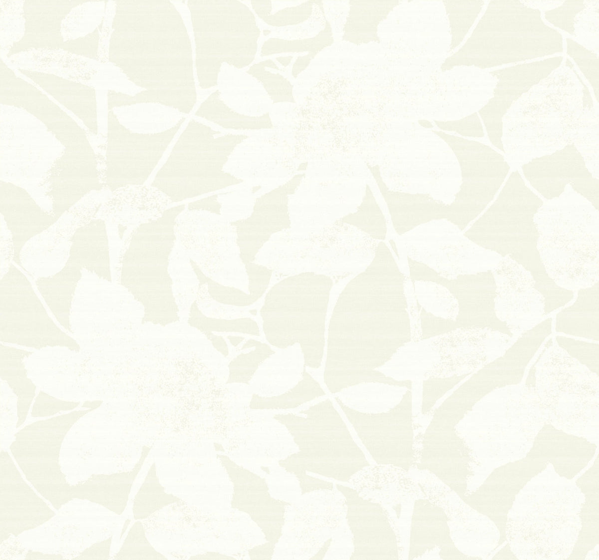 The Solange Botanical Wallpaper by York Wallcoverings features a subtle floral pattern, showcasing white flowers and leaves on a light beige background for a soft, elegant, and textured look.