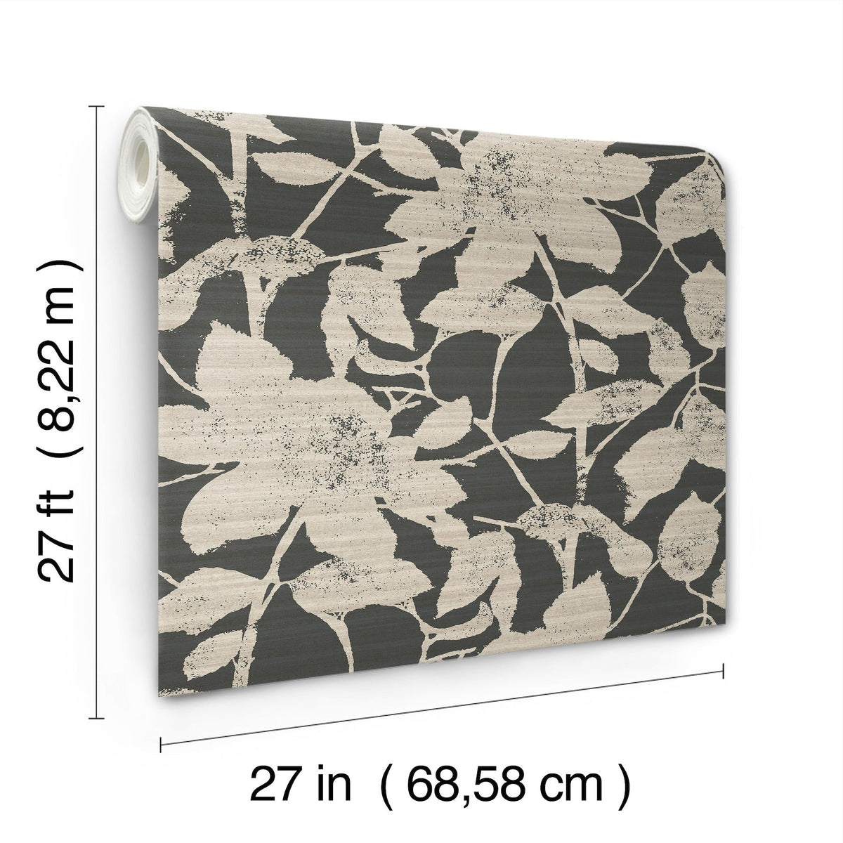 The Solange Botanical Wallpaper by York Wallcoverings features a beige floral pattern on a dark background and comes in rolls measuring 27 feet (8.22 meters) long by 27 inches (68.58 cm) wide.