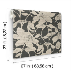 Solange Botanical Wallpaper by York Wallcoverings features a beige floral pattern on a dark background and comes in a roll measuring 27 feet (8.22 m) long and 27 inches (68.58 cm) wide.