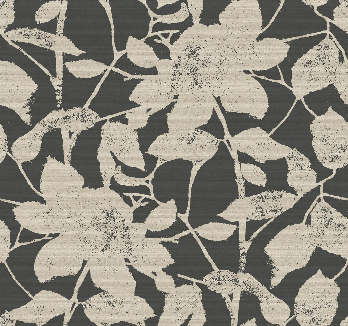 Creamy white floral silhouettes with leaves and stems are scattered across a dark, textured background on the Solange Botanical Wallpaper by York Wallcoverings, creating a bold, high-contrast botanical pattern.