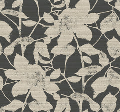 Creamy white floral silhouettes with leaves and stems are scattered across a dark, textured background on the Solange Botanical Wallpaper by York Wallcoverings, creating a bold, high-contrast botanical pattern.