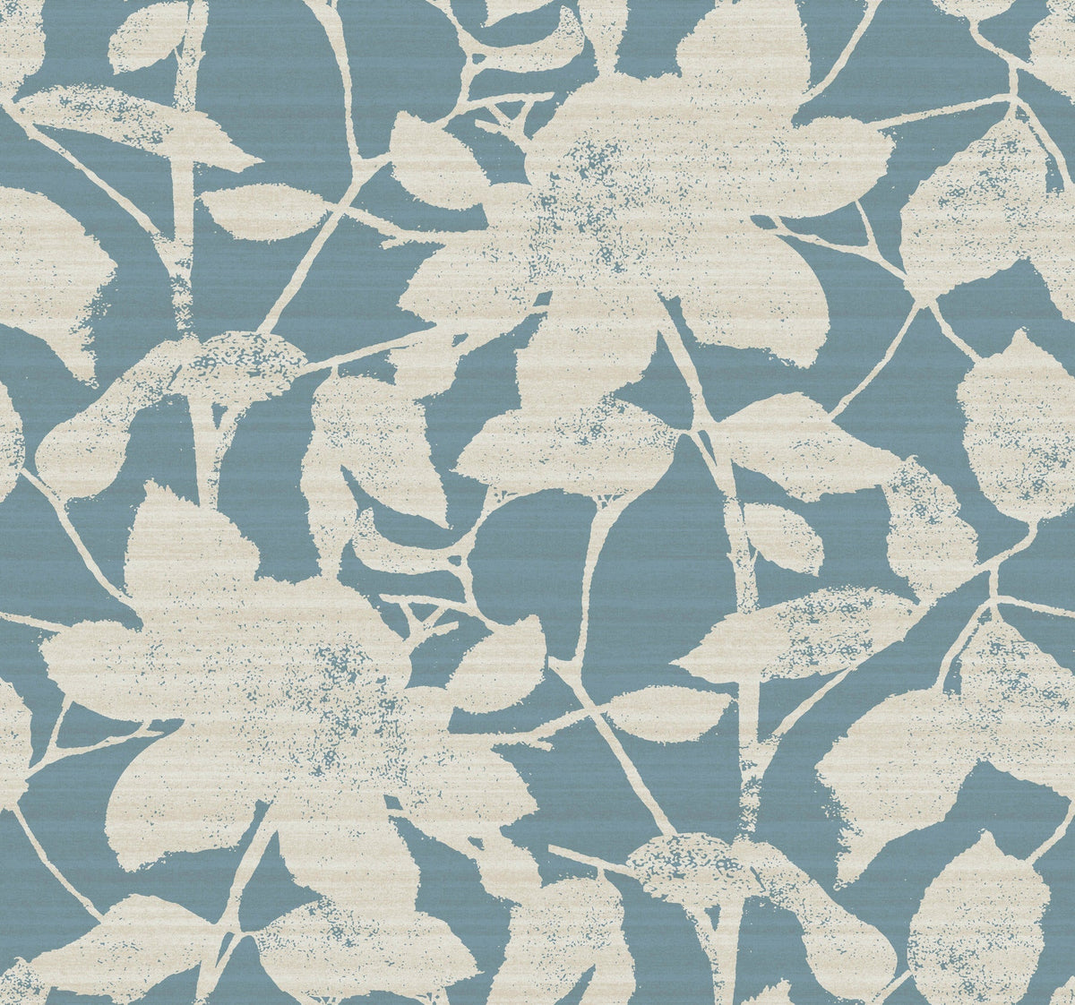 Solange Botanical Wallpaper by York Wallcoverings features a blue background adorned with large, off-white textured leaves and flowers. The vintage-inspired botanical design showcases overlapping and intertwining outlines, creating an elegant and timeless look.