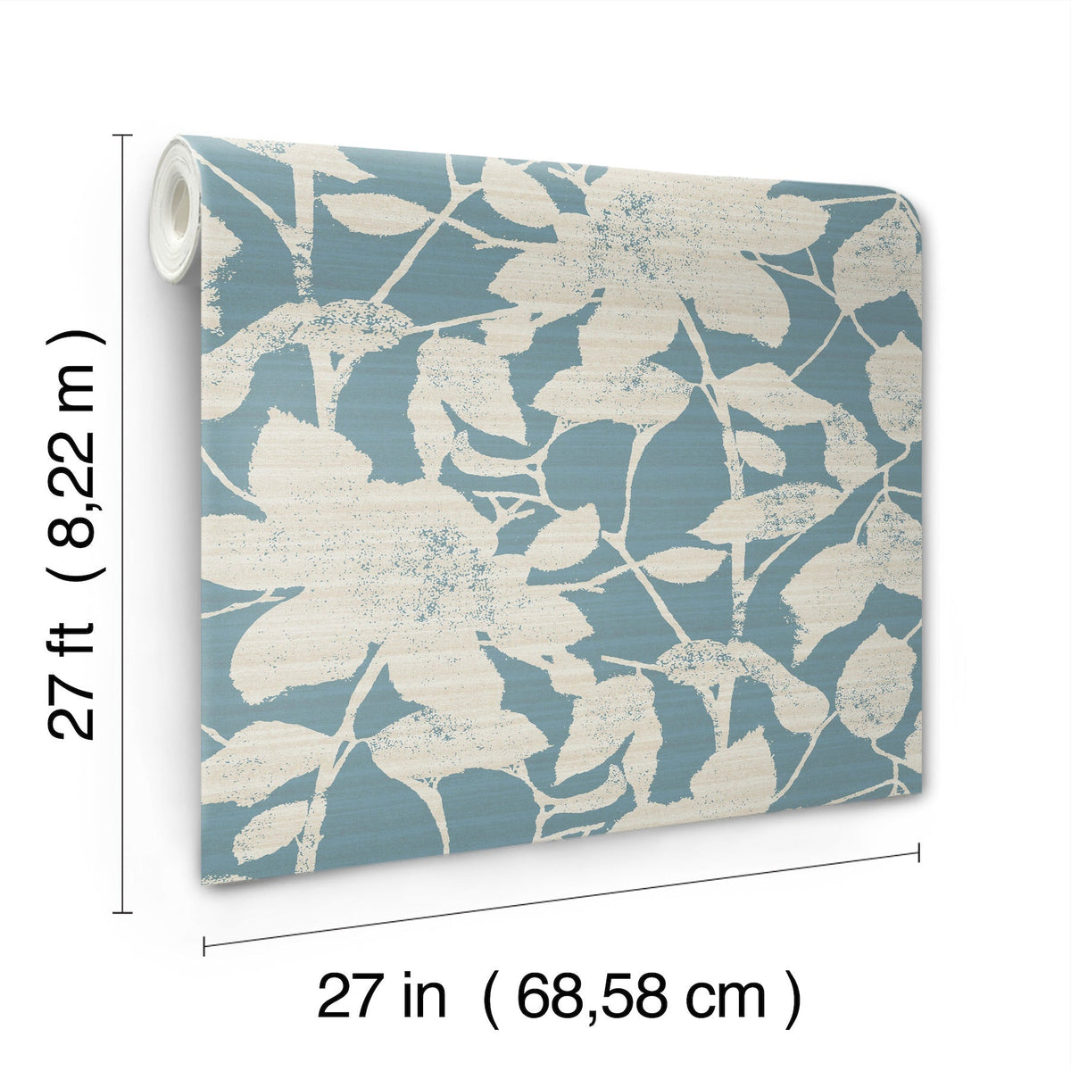Solange Botanical Wallpaper by York Wallcoverings features a white floral pattern on a blue background. Each roll measures 27 feet (8.22 m) in length and 27 inches (68.58 cm) in width.