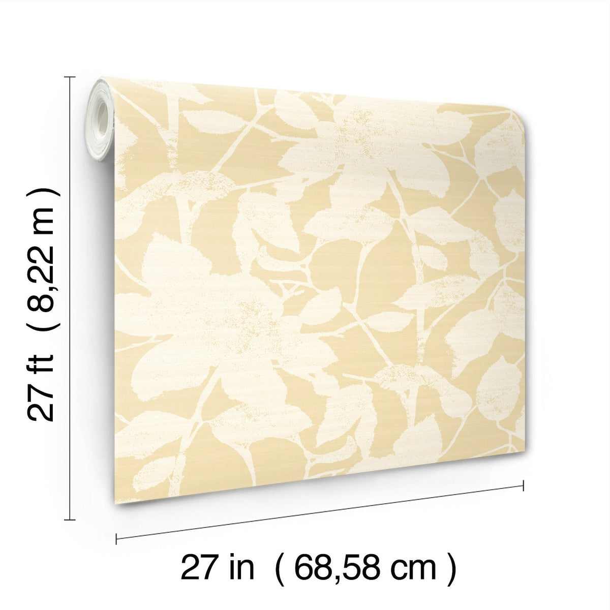 Solange Botanical Wallpaper by York Wallcoverings, shown in beige with a white floral pattern, measures 27 feet (8.22 m) in length and 27 inches (68.58 cm) in width, with the dimensions labeled below and to the left.