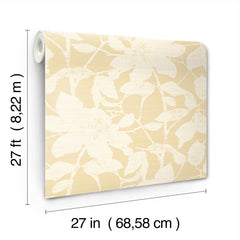 Solange Botanical Wallpaper by York Wallcoverings, shown in beige with a white floral pattern, measures 27 feet (8.22 m) in length and 27 inches (68.58 cm) in width, with the dimensions labeled below and to the left.