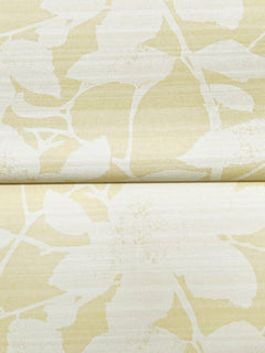 The Solange Botanical Wallpaper by York Wallcoverings features a light yellow background adorned with a soft, abstract white leaf and branch pattern. Shown here in two overlapping rolls, this design offers a subtle, natural aesthetic.