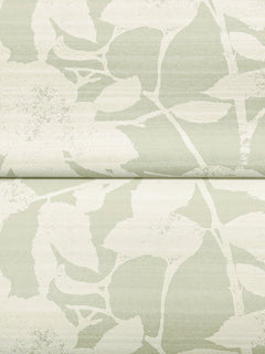 The Solange Botanical Wallpaper by York Wallcoverings features a light green background with a subtle, abstract leaf pattern. Overlapping, soft-edged leaves and stems create a gentle botanical motif on the textured surface. Two rolls of this wallpaper are shown.