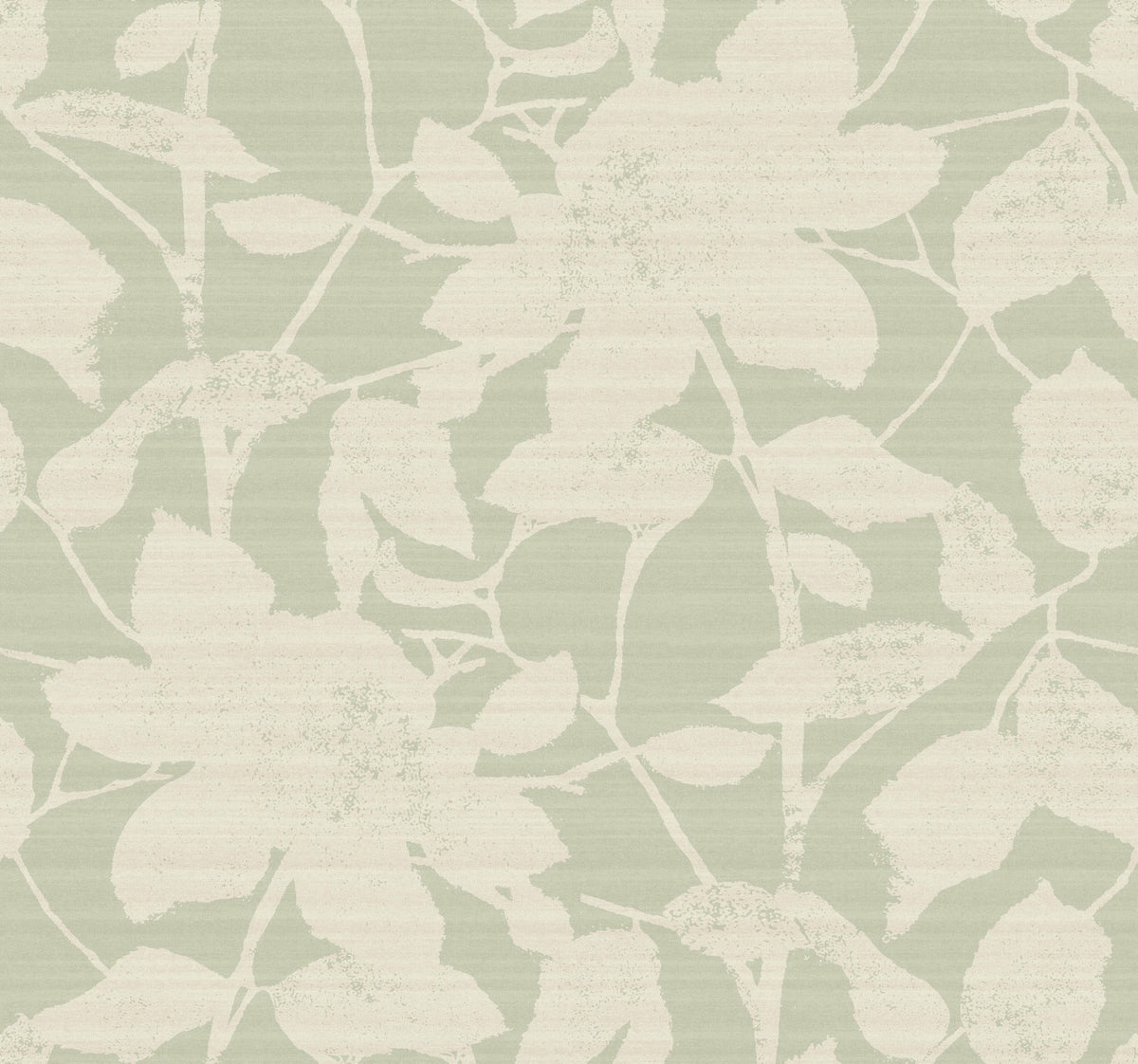 The Solange Botanical Wallpaper by York Wallcoverings features a pale green background adorned with a subtle pattern of large, cream-colored floral silhouettes and leaves, creating a soft, textured botanical look.