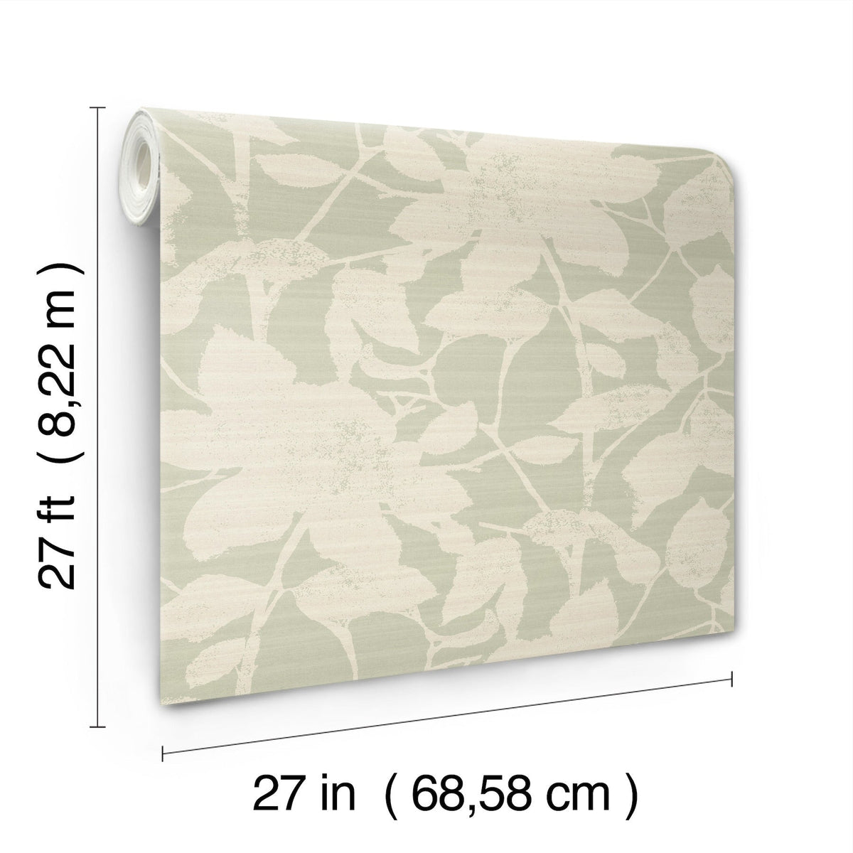 A roll of Solange Botanical Wallpaper by York Wallcoverings, featuring a white floral pattern on a light green background, shown upright. Dimensions are labeled: 27 feet (8.22 m) long and 27 inches (68.58 cm) wide.