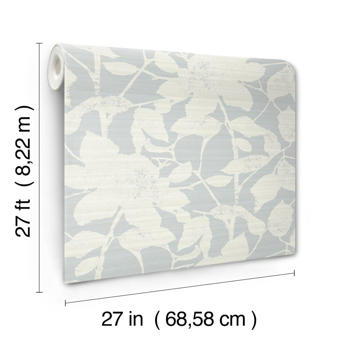 The Solange Botanical Wallpaper by York Wallcoverings features a white floral pattern on a light blue background and is available in rolls measuring 27 feet (8.22 meters) long and 27 inches (68.58 cm) wide.